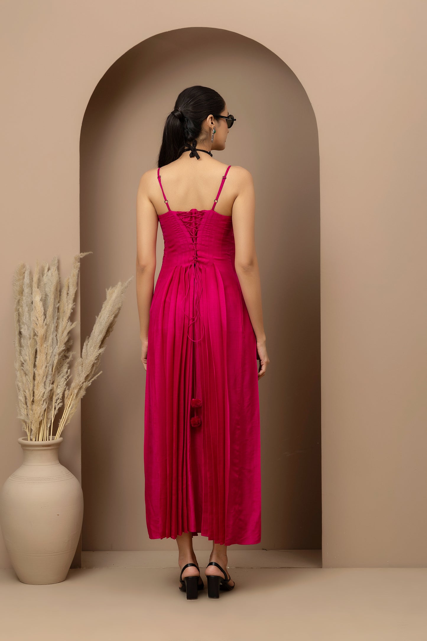 MMD/GUL/114 Aari embroidered yoke silk dupion dress complemented by a gold tissue jacket for a refined contemporary look.