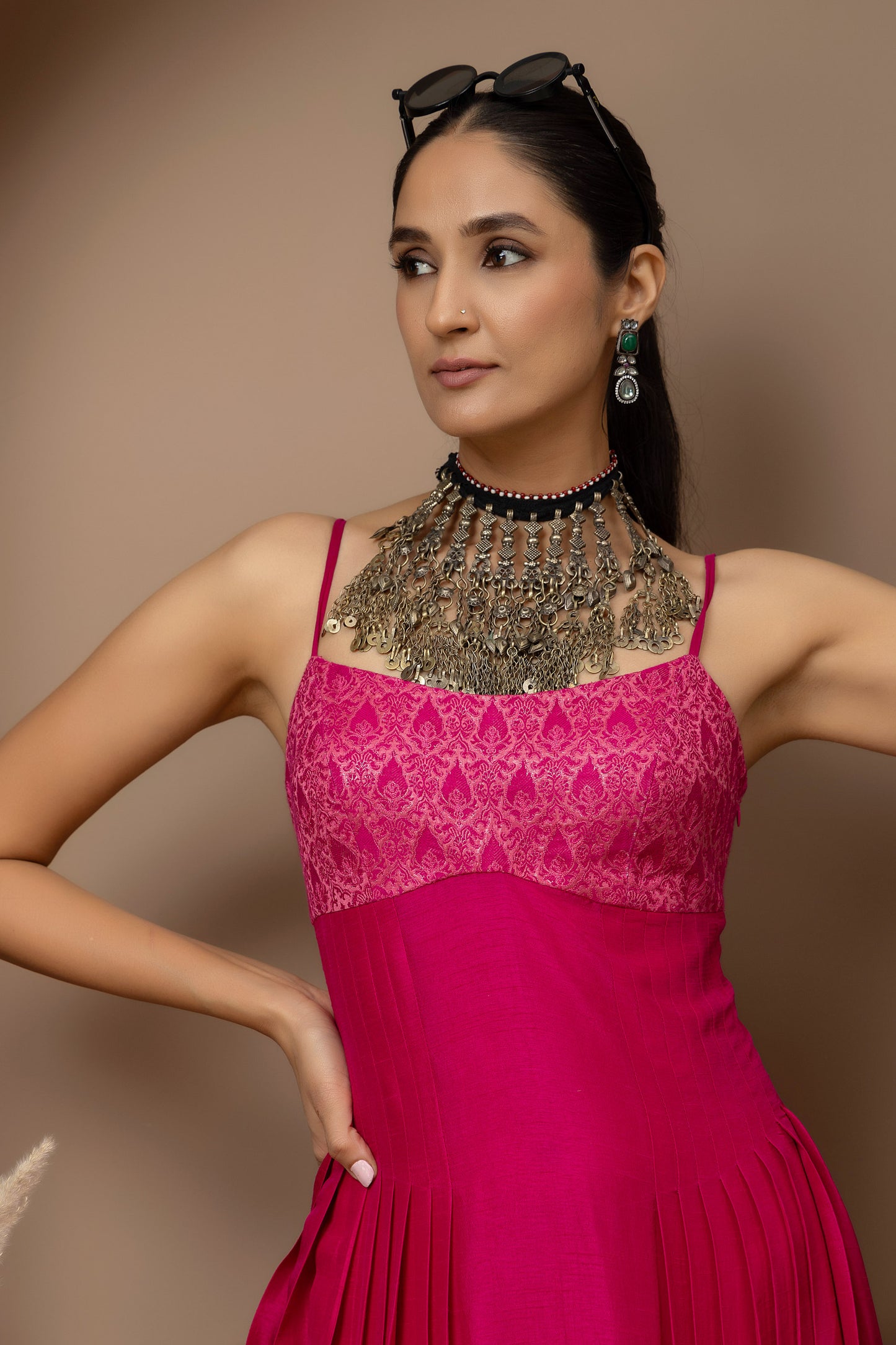 MMD/GUL/114 Aari embroidered yoke silk dupion dress complemented by a gold tissue jacket for a refined contemporary look.
