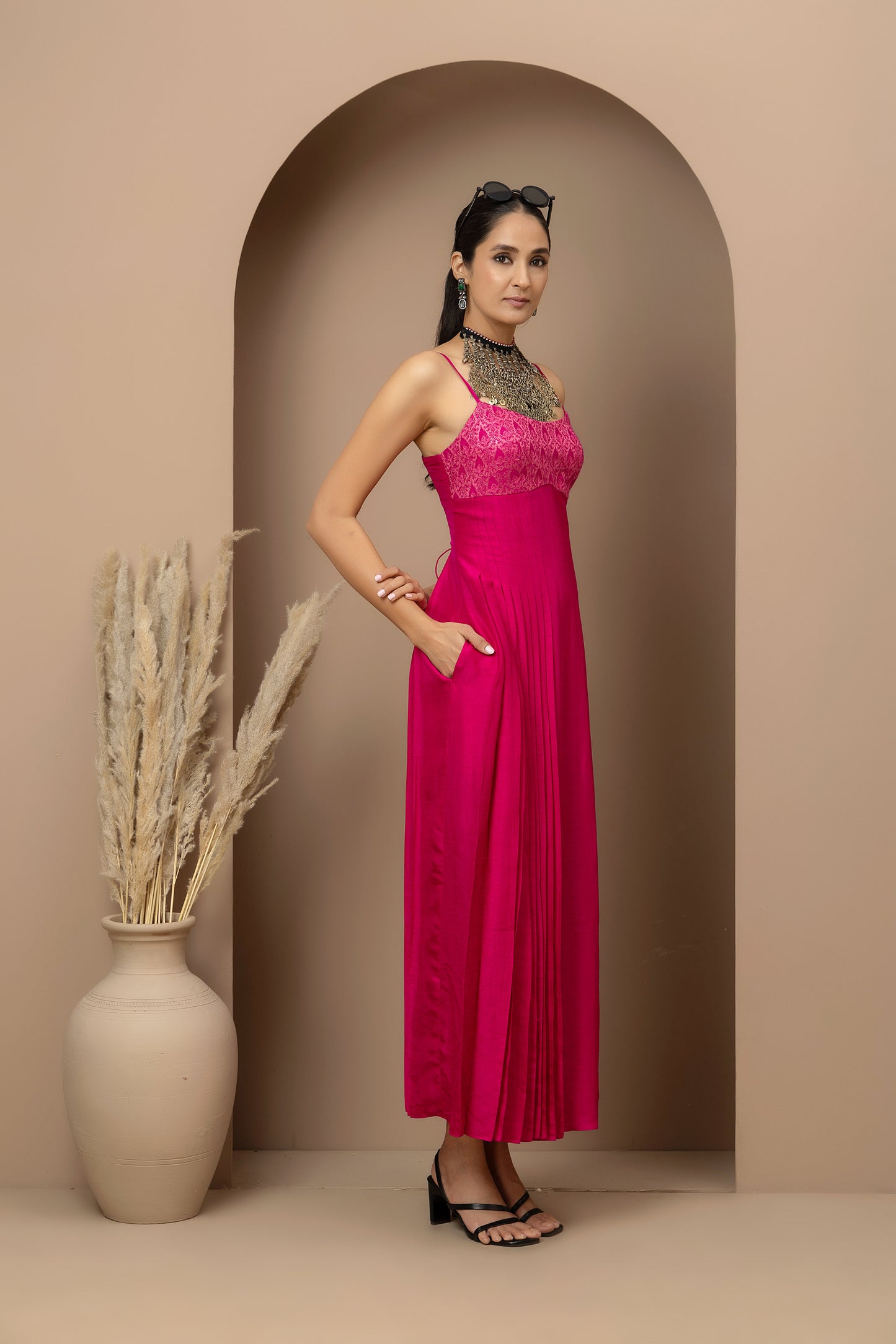 MMD/GUL/114 Aari embroidered yoke silk dupion dress complemented by a gold tissue jacket for a refined contemporary look.