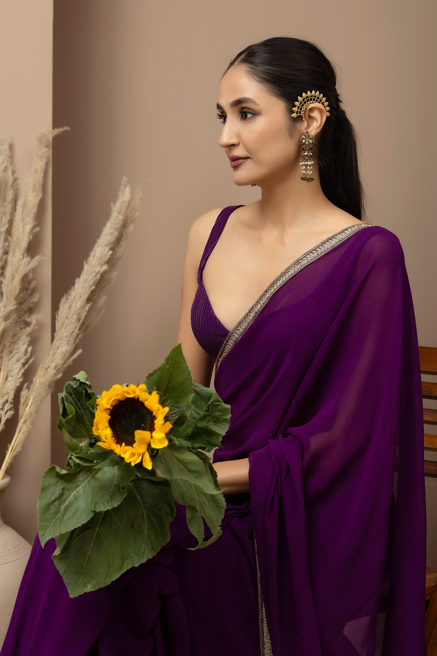 MMD/GUL/117 A soft georgette saree with a handcrafted border, paired with a tailored blouse for refined contemporary elegance.